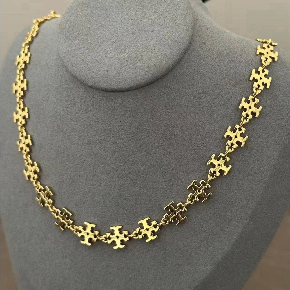 Tory Burch White Pearl Necklace with Gold Logo Accent